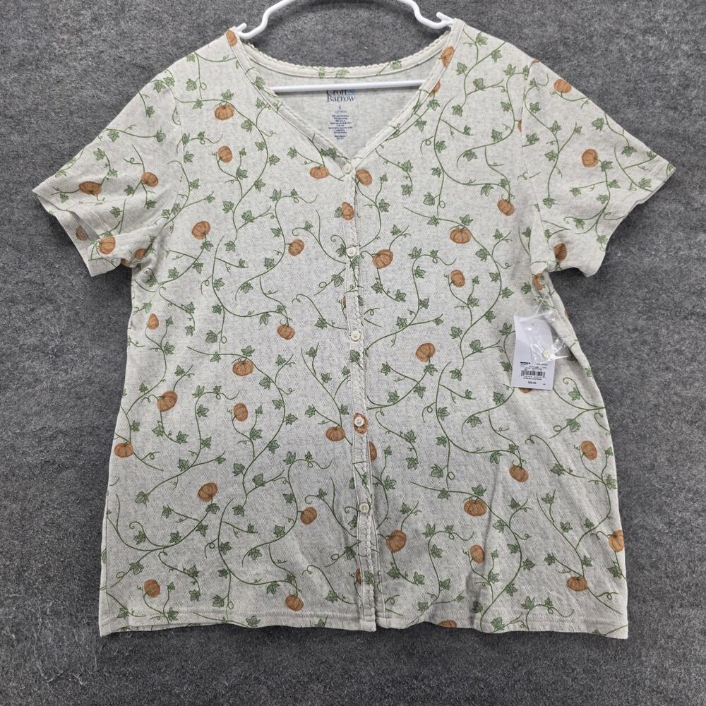 Croft & Barrow Pajama Top Womens Large White Floral Knit V-Neck Button Sleepwear